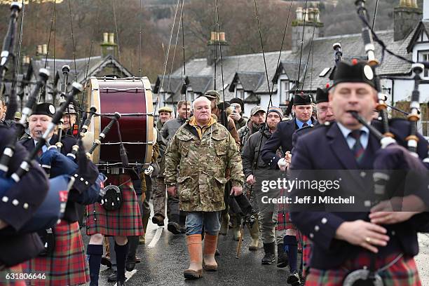 Angelers gather at the River Tay for the opening of the Salmon Fishing season on January 16, 2017 in Kenmore, Scotland. The village of Kenmore has...