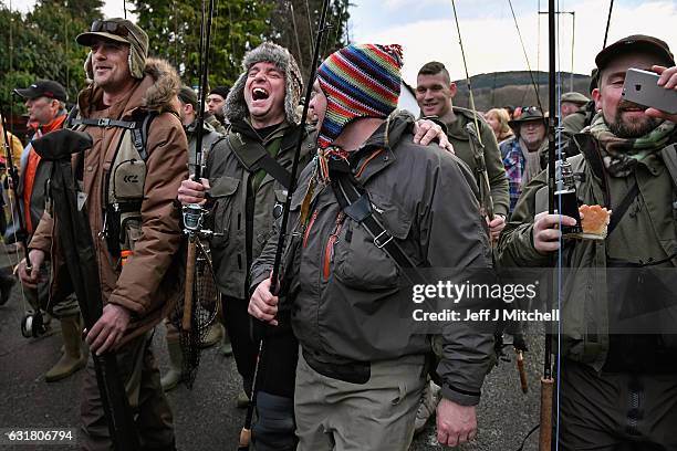 Angelers gather at the River Tay for the opening of the Salmon Fishing season on January 16, 2017 in Kenmore, Scotland. The village of Kenmore has...