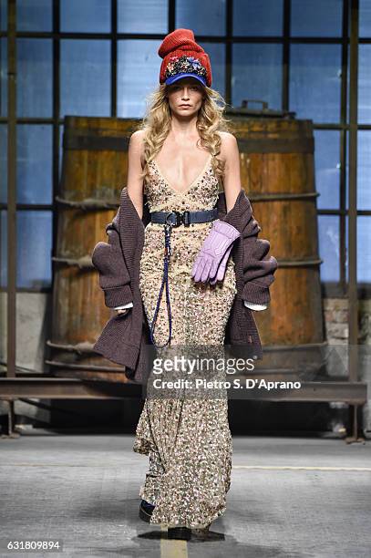 Natasha Poly walks the runway at the Dsquared2 show during Milan Men's Fashion Week Fall/Winter 2017/18 on January 15, 2017 in Milan, Italy.