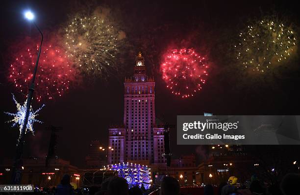 Fireworks during the 25th Wielka Orkiestra Swiatecznej Pomocy Finale on January 15, 2017 in Warsaw, Poland. The Finale is a one-day public charity...