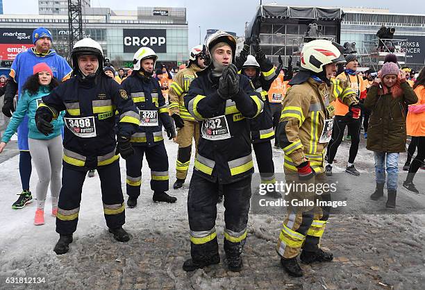 Firemen participate in the diabetes and first aid charity run on January 15, 2017 in Warsaw, Poland. The run is organised as a part of the 25th...