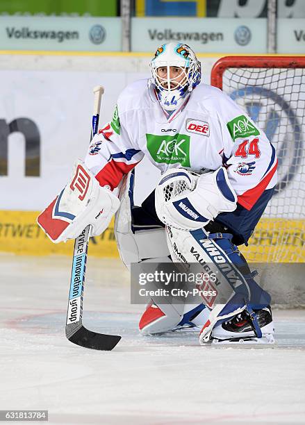 Dennis Endras of the Adler Mannheim during the action shot on September 25, 2016 in Wolfsburg, Germany.