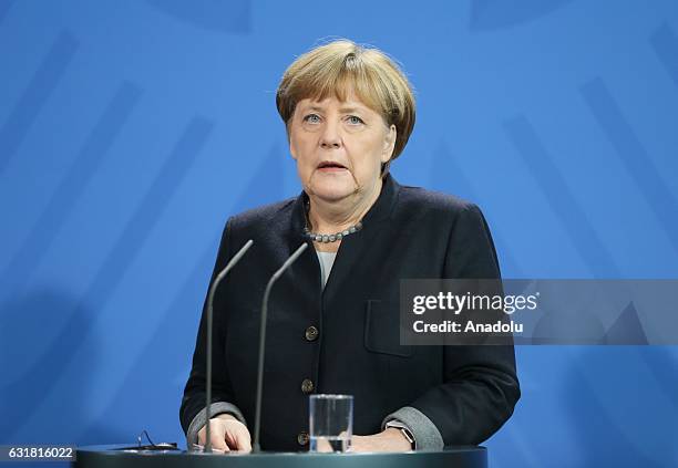 German Chancellor Angela Merkel speaks during a joint press conference with Prime Minister of New Zealand Bill English after their meeting in Berlin,...