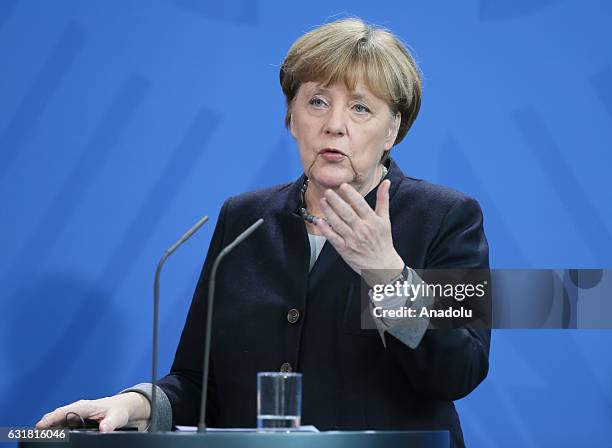 German Chancellor Angela Merkel speaks during a joint press conference with Prime Minister of New Zealand Bill English after their meeting in Berlin,...