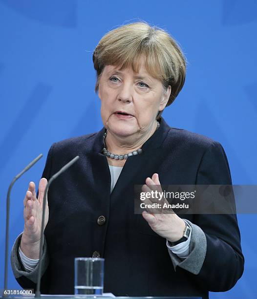 German Chancellor Angela Merkel speaks during a joint press conference with Prime Minister of New Zealand Bill English after their meeting in Berlin,...