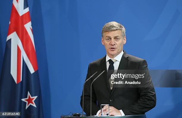 Prime Minister of New Zealand Bill English speaks during a joint press conference with German Chancellor Angela Merkel after their meeting in Berlin,...