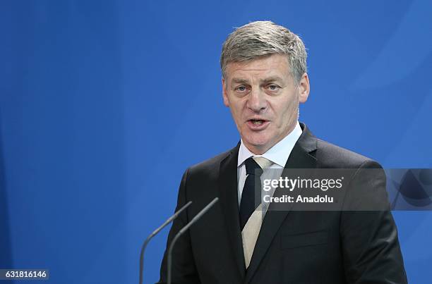 Prime Minister of New Zealand Bill English speaks during a joint press conference with German Chancellor Angela Merkel after their meeting in Berlin,...