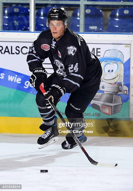 Marcus Weber of the Thomas Sabo Ice Tigers Nuernberg handles the puck during the action shot on August 19, 2016 in Straubing, Germany.