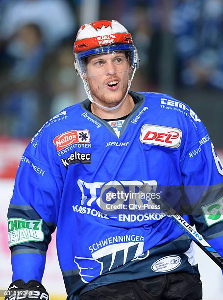 Benedikt Brueckner of the Schwenninger Wild Wings gestures during the action shot on August 21, 2016 in Schwenningen, Germany.