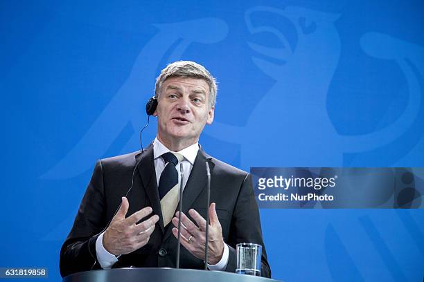 New Zealand's Prime Minister Bill English is pictured during a news conference held with German Chancellor Angela Merkel at the Chancellery in...