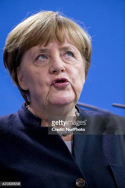 German Chancellor Angela Merkel is pictured during a news conference held with New Zealand's Prime Minister Bill English at the Chancellery in...