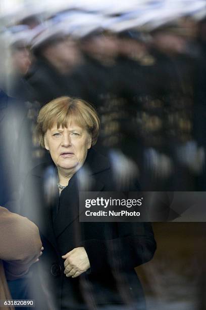 German Chancellor Angela Merkel is pictured as she arrive to meet New Zealand's Prime Minister Bill English at the Chancellery in Berlin, Germany on...