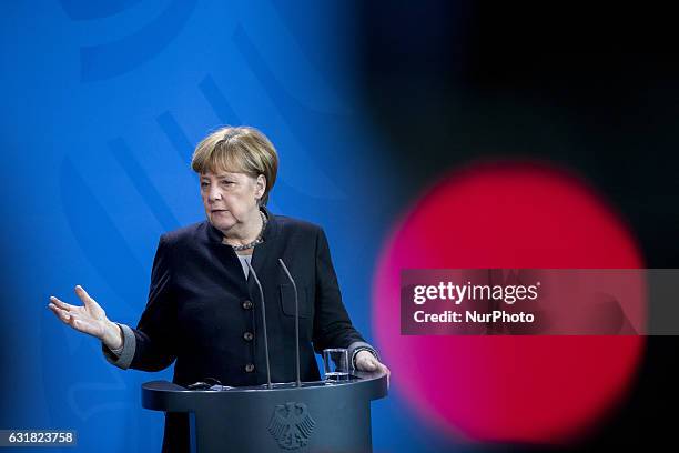 German Chancellor Angela Merkel is pictured during a news conference held with New Zealand's Prime Minister Bill English at the Chancellery in...