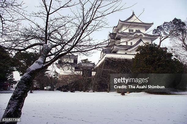 Iga Ueno Castle is covered with snow as snow falls wider area on January 15, 2017 in Iga, Mie, Japan. The Meteorological Agency is warning many parts...