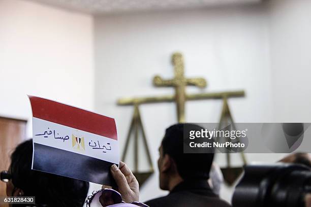 An Egyptian man celebrates with a national flag defaced with the words &quot;Tiran&quot; and &quot;Sanafir&quot; after the High Administrative Court...