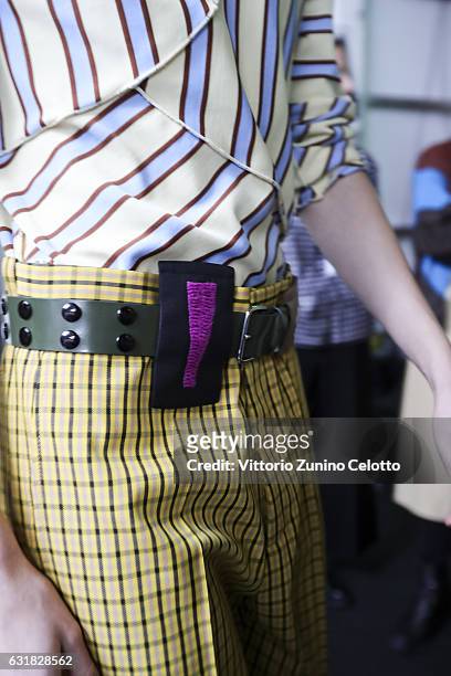 Fashion details are seen backstage ahead of the Marni show during Milan Men's Fashion Week Fall/Winter 2017/18 on January 14, 2017 in Milan, Italy.