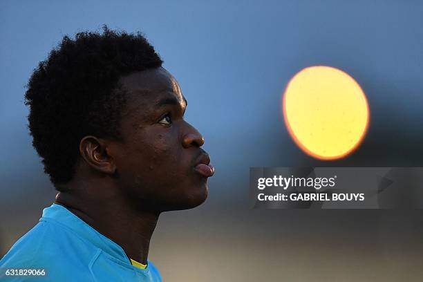 Cameroon's goalkeeper Fabrice Ondoa attends a training session in Libreville on January 16 during the 2017 Africa Cup of Nations football tournament...