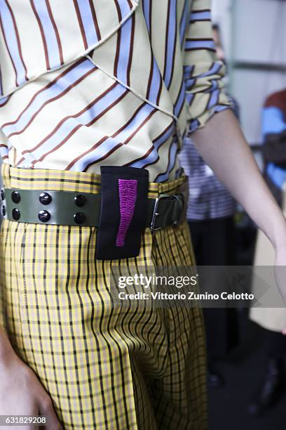 Fashion details are seen backstage ahead of the Marni show during Milan Men's Fashion Week Fall/Winter 2017/18 on January 14, 2017 in Milan, Italy.