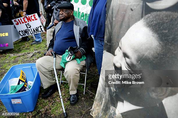 Alvin Turner listens to speeches before the start of the annual Martin Luther King Day march on January 16, 2017 in Memphis, Tennessee. Turner was...