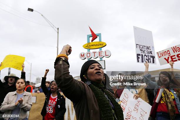 Cynthia Bailey chants outside the National Civil Rights Museum following the annual Martin Luther King Day march on January 16, 2017 in Memphis,...