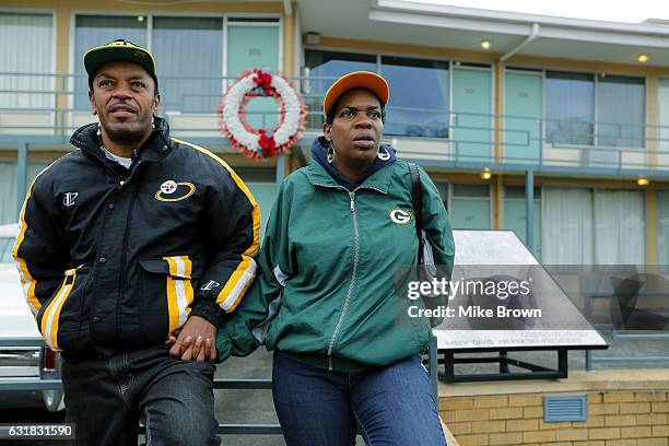Benjamin and Jacqueline Ward stand outside the National Civil Rights Museum where a wreath marks the spot Martin Luther King Jr. Was assassinated...