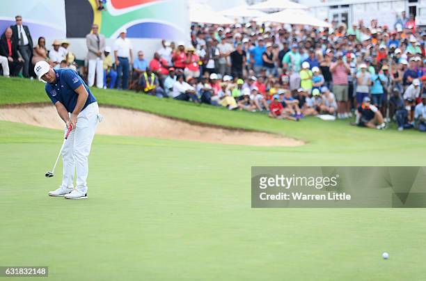 Graeme Storm of England reacts on the 18th green on the second extra play off hole against Rory McIlroy of Northern Ireland during the final round of...