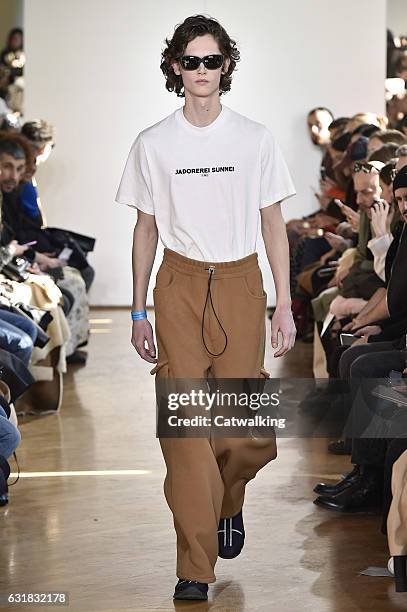 Model walks the runway at the Sunnei Autumn Winter 2017 fashion show during Milan Menswear Fashion Week on January 15, 2017 in Milan, Italy.