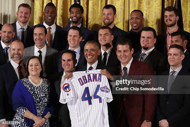 President Barack Obama poses for photograph with the Major League Baseball World Series champion Chicago Cubs during a celebration in the East Room...