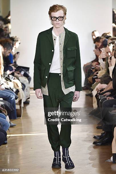 Model walks the runway at the Sunnei Autumn Winter 2017 fashion show during Milan Menswear Fashion Week on January 15, 2017 in Milan, Italy.