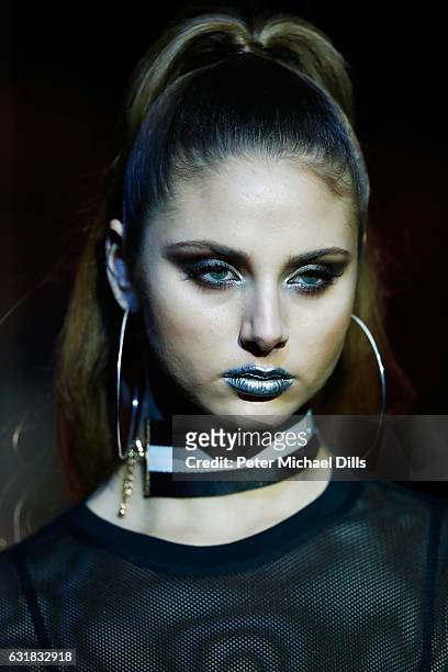 Model, make up detail, walks the runway at the Maybelline Hot Trendsxhibition 2017 show during the Mercedes-Benz Fashion Week Berlin A/W 2017 at...