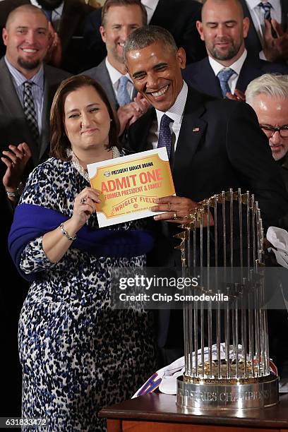 President Barack Obama and Major League Baseball World Series champion Chicago Cubs co-owner Laura Ricketts pose for a photograph with his lifetime...