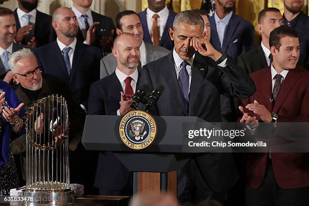 President Barack Obama pauses while celebrating the Major League Baseball World Series champions Chicago Cubs in the East Room of the White House...