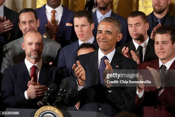 President Barack Obama celebrates the Major League Baseball World Series champions Chicago Cubs in the East Room of the White House January 16, 2017...