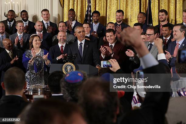 President Barack Obama celebrates the Major League Baseball World Series champions Chicago Cubs in the East Room of the White House January 16, 2017...