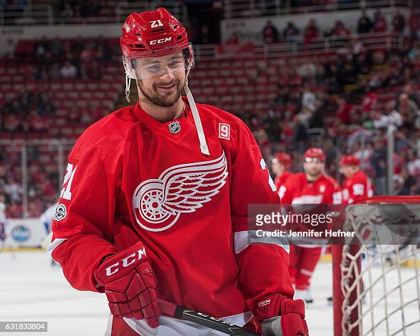 Tomas Tatar of the Detroit Red Wings warms up prior to an NHL game against the Montreal Canadiens at Joe Louis Arena on January 16, 2017 in Detroit,...