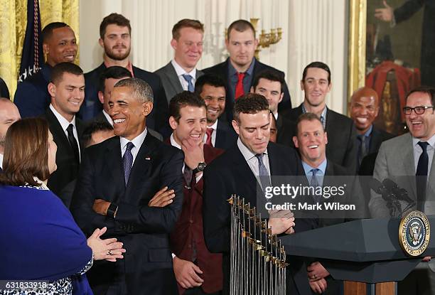 President Barack Obama shares a laugh with the 2016 World Series Champion Chicago Cubs in The East Room at the White House, on January 16, 2017 in...