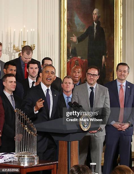 President Barack Obama speaks during an event to honor the 2016 World Series Champion Chicago Cubs in The East Room at the White House, on January...