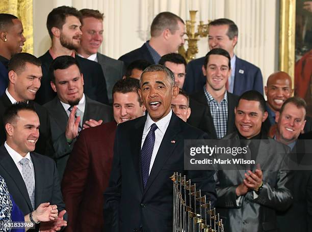 President Barack Obama speaks during an event to honor the 2016 World Series Champion Chicago Cubs in The East Room at the White House, on January...