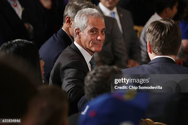 Chicago Mayor Rahm Emanuel attends a celebration of the Major League Baseball World Series champion Chicago Cubs in the East Room of the White House...