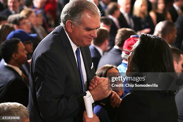 Former Transportation Secretary Ray LaHood greets White House Director of Public Engagement Tina Tchen during a celebration of the Major League...