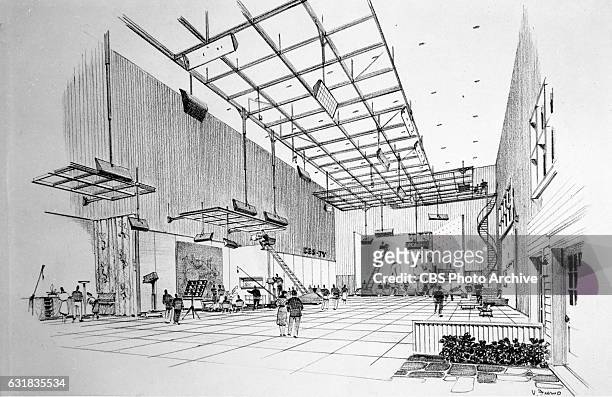 Drawing of one of the main studios CBS Television studio plant under construction at Grand Central Terminal building in New York City. Image dated...
