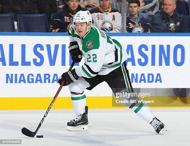 Jiri Hudler of the Dallas Stars skates with the puck against the Buffalo Sabres during an NHL game at the KeyBank Center on January 16, 2017 in...