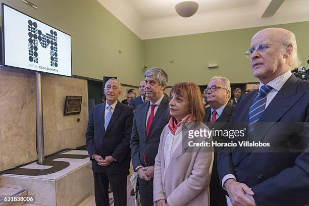 From L to R: Portuguese President Marcelo Rebelo de Sousa, Minister of Finance Mario Centeno, Minister of the Presidency and of Administrative...