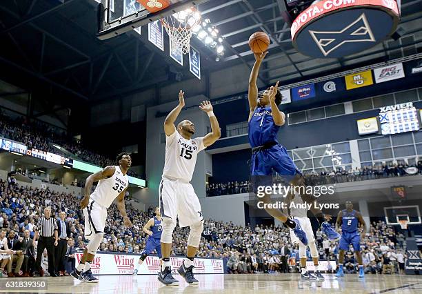 Davion Mintz of the Creighton Blue Jays shoots the ball against the Xavier Musketeers during the game at Cintas Center on January 16, 2017 in...