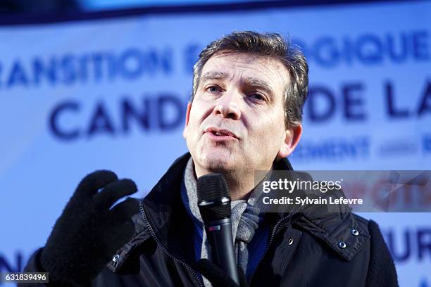 Former Economy Minister Arnaud Montebourg who is a candidate for France's left-wing primaries, addresses reporters following his speech ahead of the...