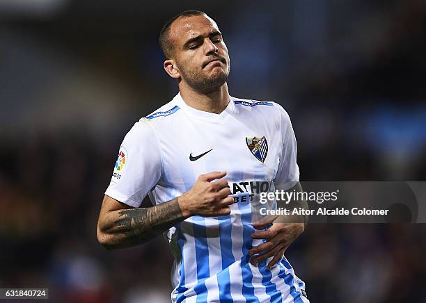 Sandro Ramirez of Malaga CF reacts during the La Liga match between Malaga CF and Real Sociedad de Futbol at La Rosaleda Stadium on January 16, 2017...