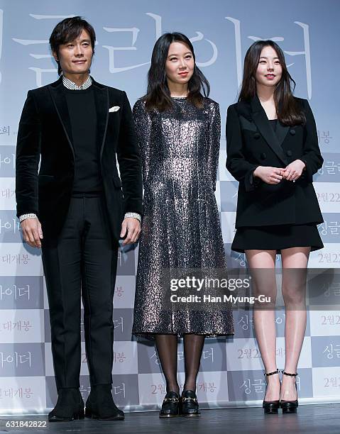 South Korean actors Lee Byung-Hun, Kong Hyo-Jin aka Gong Hyo-Jin and Ahn So-Hee attend the press conference for 'A Single Rider' at CGV on January...