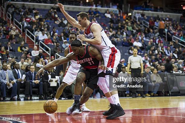 January 16: Washington Wizards' Jason Smith tries to guard Portland Trail Blazers' Noah Vonleh at the Verizon Center in Washington, USA on January...