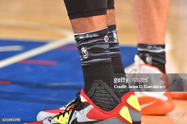 Thabo Sefolosha of the Atlanta Hawks wears Stance socks during the game against the New York Knicks on January 16, 2017 at Madison Square Garden in...