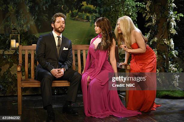 Felicity Jones" Episode 1715 -- Pictured: Beck Bennett, host Felicity Jones, and Kate McKinnon during the Beard Hunk sketch on January 14th, 2017 --